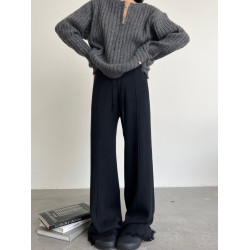 拖延症/王炸神褲！小衆褲腳濶腿褲秋冬垂感長褲高腰針織休閒褲女