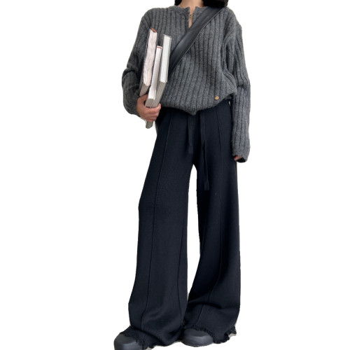 拖延症/王炸神褲！小衆褲腳濶腿褲秋冬垂感長褲高腰針織休閒褲女