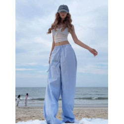 慵懶風藍色條紋濶腿休閒褲子女夏季新款寬鬆顯瘦百搭輕松感直筒褲