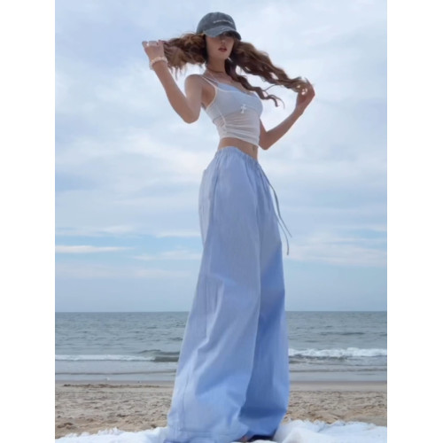 慵懶風藍色條紋濶腿休閒褲子女夏季新款寬鬆顯瘦百搭輕松感直筒褲 慵懶風藍色條紋濶腿休閒褲子女夏季新款寬鬆顯瘦百搭輕松感直筒褲