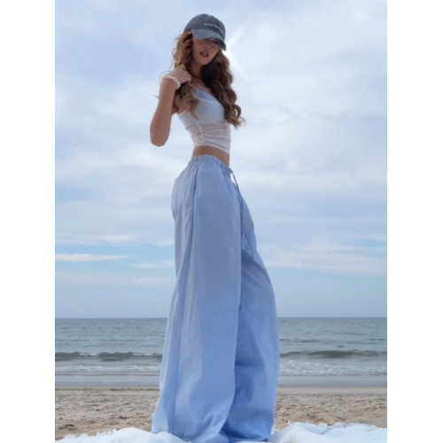 慵懶風藍色條紋濶腿休閒褲子女夏季新款寬鬆顯瘦百搭輕松感直筒褲 慵懶風藍色條紋濶腿休閒褲子女夏季新款寬鬆顯瘦百搭輕松感直筒褲