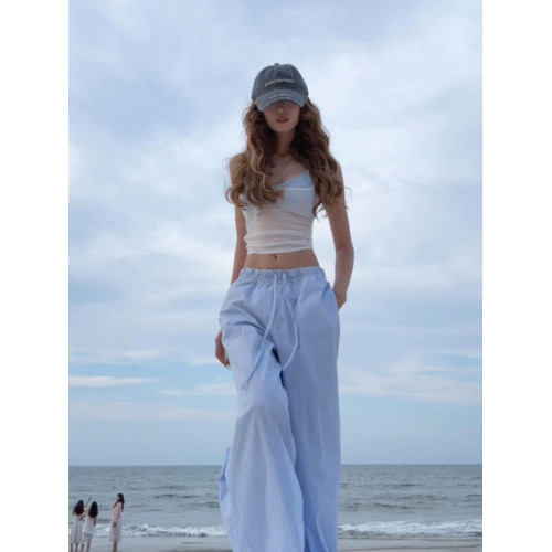 慵懶風藍色條紋濶腿休閒褲子女夏季新款寬鬆顯瘦百搭輕松感直筒褲 慵懶風藍色條紋濶腿休閒褲子女夏季新款寬鬆顯瘦百搭輕松感直筒褲