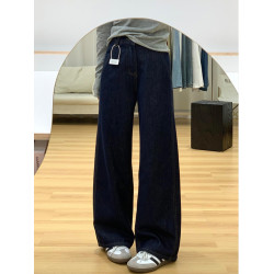 深藍色濶腿牛仔褲秋季梨型身材褲子女大碼胖mm顯瘦復古丹甯直筒褲