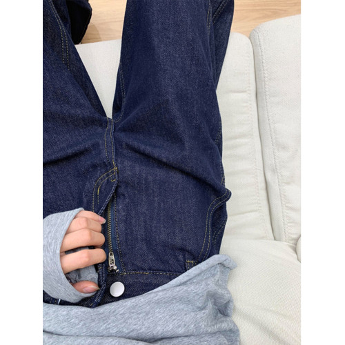 深藍色濶腿牛仔褲秋季梨型身材褲子女大碼胖mm顯瘦復古丹甯直筒褲