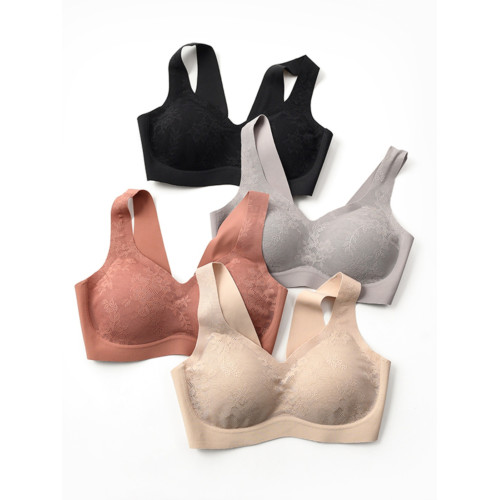 女士蕾絲無痕文胸 寬肩帶背心式胸罩 無鋼圈聚攏一片式內衣四季款