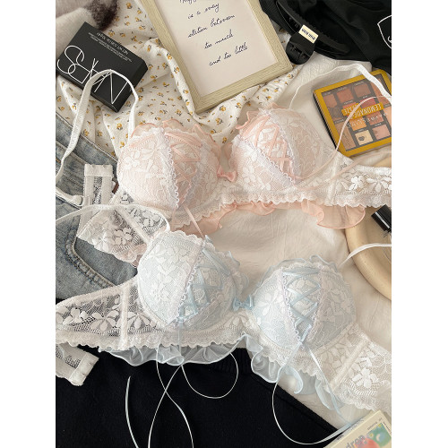 日系綁帶蕾絲內衣女薄款無鋼圈小胸聚攏上托防下垂甜美蘿莉文胸罩