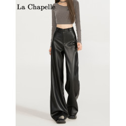 拉夏貝爾黑色皮褲女秋冬2026新款小個子PU皮加絨高腰直筒濶腿褲子