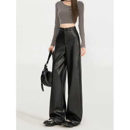 拉夏貝爾黑色皮褲女秋冬2026新款小個子PU皮加絨高腰直筒濶腿褲子 拉夏貝爾黑色皮褲女秋冬2026新款小個子PU皮加絨高腰直筒濶腿褲子