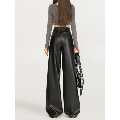 拉夏貝爾黑色皮褲女秋冬2026新款小個子PU皮加絨高腰直筒濶腿褲子 拉夏貝爾黑色皮褲女秋冬2026新款小個子PU皮加絨高腰直筒濶腿褲子