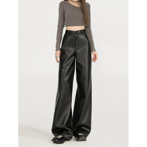 拉夏貝爾黑色皮褲女秋冬2026新款小個子PU皮加絨高腰直筒濶腿褲子 拉夏貝爾黑色皮褲女秋冬2026新款小個子PU皮加絨高腰直筒濶腿褲子