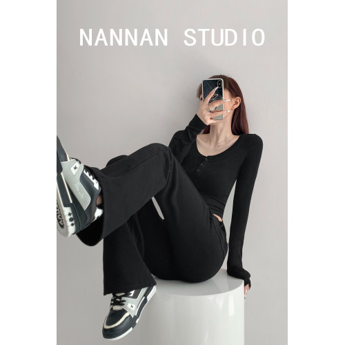 版型很頂~美式低腰修身垂感喇叭褲女春秋辣妹顯瘦拖地微喇運動褲