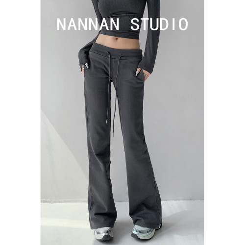 版型很頂~美式低腰修身垂感喇叭褲女春秋辣妹顯瘦拖地微喇運動褲