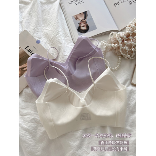 夏季超薄冰絲速乾V領隱形內衣女無鋼圈文胸背心細肩帶吊帶7A抑菌