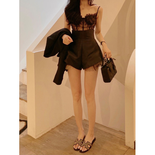 高腰蓬蓬褲子設計感女小衆女夏緞面超高腰休閒寬鬆濶腿西裝短褲