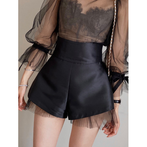 高腰蓬蓬褲子設計感女小衆女夏緞面超高腰休閒寬鬆濶腿西裝短褲