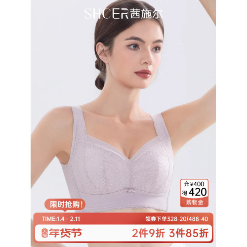 茜施爾無鋼圈蕾絲內衣女薄款大胸顯小文胸收副乳防下垂聚攏胸罩
