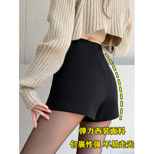 大碼黑色西裝短褲女春夏胖mm彈力高腰顯瘦a字打底外穿辣妹熱褲子