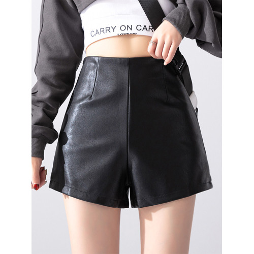 黑色PU皮短褲女春秋款小個子高腰濶腿褲寬鬆顯瘦外穿a字打底靴褲