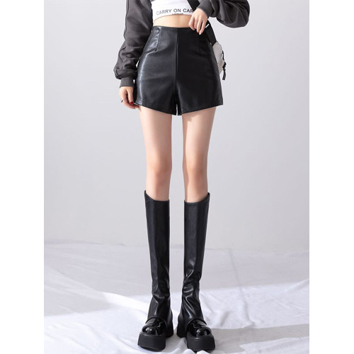黑色PU皮短褲女春秋款小個子高腰濶腿褲寬鬆顯瘦外穿a字打底靴褲