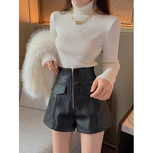 2023年新款高腰皮短褲女爆秋冬季a字春秋顯瘦pu濶腿外穿黑色靴褲