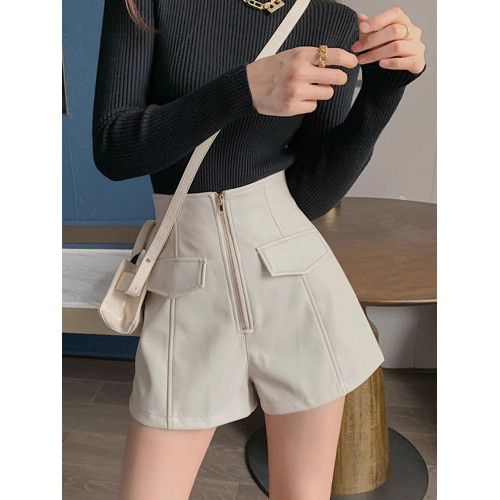 2023年新款高腰皮短褲女爆秋冬季a字春秋顯瘦pu濶腿外穿黑色靴褲