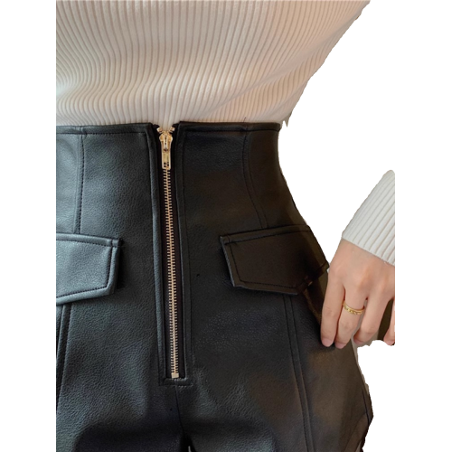 2023年新款高腰皮短褲女爆秋冬季a字春秋顯瘦pu濶腿外穿黑色靴褲