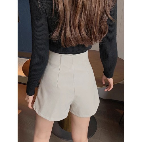 2023年新款高腰皮短褲女爆秋冬季a字春秋顯瘦pu濶腿外穿黑色靴褲