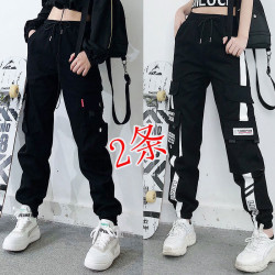 2件裝】春秋季新款多口袋工裝褲女嘻哈百搭黑色寬鬆顯瘦九分運動