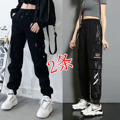 2件裝】春秋季新款多口袋工裝褲女嘻哈百搭黑色寬鬆顯瘦九分運動
