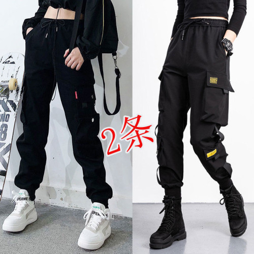 2件裝】春秋季新款多口袋工裝褲女嘻哈百搭黑色寬鬆顯瘦九分運動