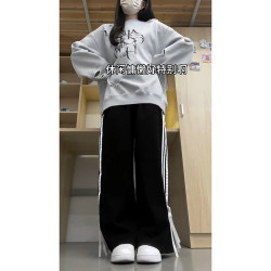 黑色絲帶蝴蝶結休閒運動褲女春夏2026新款高腰設計感側條紋拖地褲