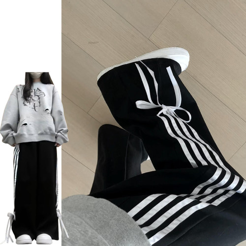 黑色絲帶蝴蝶結休閒運動褲女春夏2026新款高腰設計感側條紋拖地褲