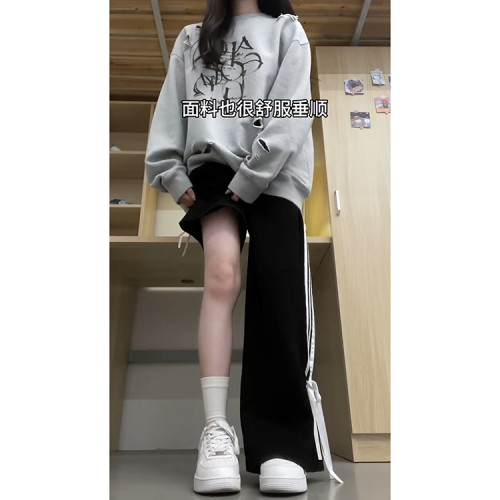 黑色絲帶蝴蝶結休閒運動褲女春夏2026新款高腰設計感側條紋拖地褲