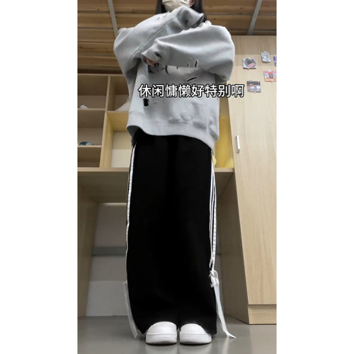 黑色絲帶蝴蝶結休閒運動褲女春夏2026新款高腰設計感側條紋拖地褲