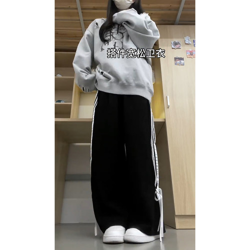 黑色絲帶蝴蝶結休閒運動褲女春夏2026新款高腰設計感側條紋拖地褲