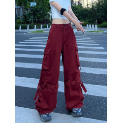 美式hiphop高街嘻哈紅色街舞工裝褲女男爵士飄帶機能束腳濶腿寬鬆