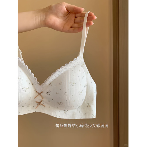 法式少女內衣小胸聚攏超薄款夏季無鋼圈軟支撐蕾絲上托碎花文胸罩