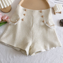 秋冬新款小香風粗花呢雙排釦高腰顯瘦流蘇邊假口袋短褲濶腿褲女