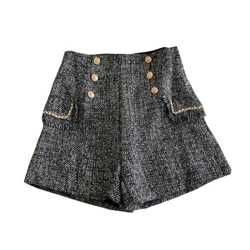 秋冬新款小香風粗花呢雙排釦高腰顯瘦流蘇邊假口袋短褲濶腿褲女