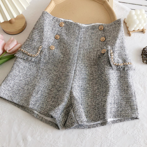 秋冬新款小香風粗花呢雙排釦高腰顯瘦流蘇邊假口袋短褲濶腿褲女