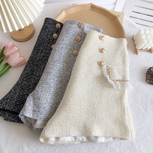 秋冬新款小香風粗花呢雙排釦高腰顯瘦流蘇邊假口袋短褲濶腿褲女