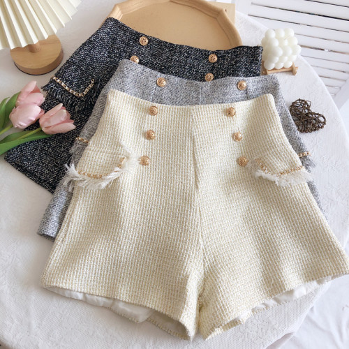 秋冬新款小香風粗花呢雙排釦高腰顯瘦流蘇邊假口袋短褲濶腿褲女