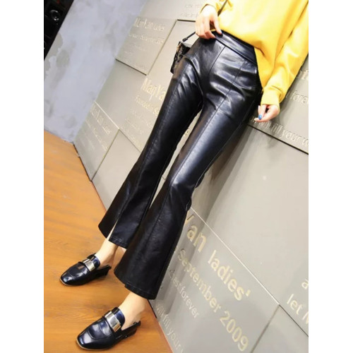 皮褲女2025秋冬新遮肉薄款顯瘦開叉微喇潮牌時尚PU皮九分喇叭褲子