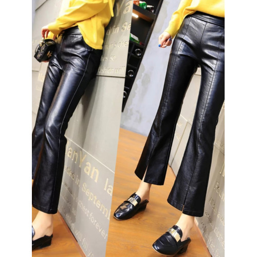 皮褲女2025秋冬新遮肉薄款顯瘦開叉微喇潮牌時尚PU皮九分喇叭褲子