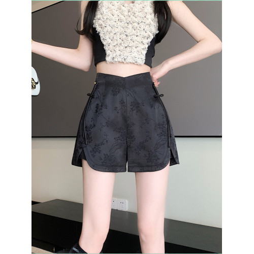 大碼黑色復古提花休閒短褲女夏季新款國風中式高腰a字熱褲濶腿褲