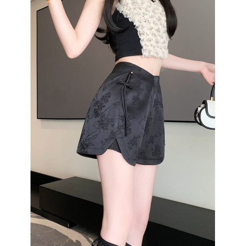 大碼黑色復古提花休閒短褲女夏季新款國風中式高腰a字熱褲濶腿褲