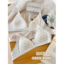 六隻兔子法式三角杯內衣女薄款深v領胸罩無鋼圈防下垂甜美風文胸