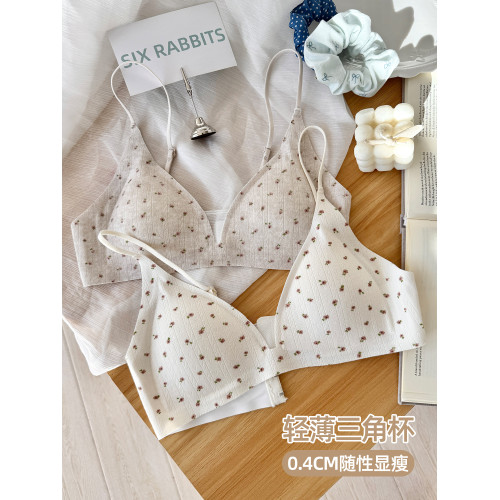 六隻兔子法式三角杯內衣女薄款深v領胸罩無鋼圈防下垂甜美風文胸
