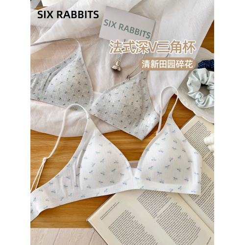 六隻兔子法式三角杯內衣女薄款深v領胸罩無鋼圈防下垂甜美風文胸