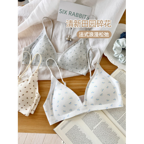 六隻兔子法式三角杯內衣女薄款深v領胸罩無鋼圈防下垂甜美風文胸